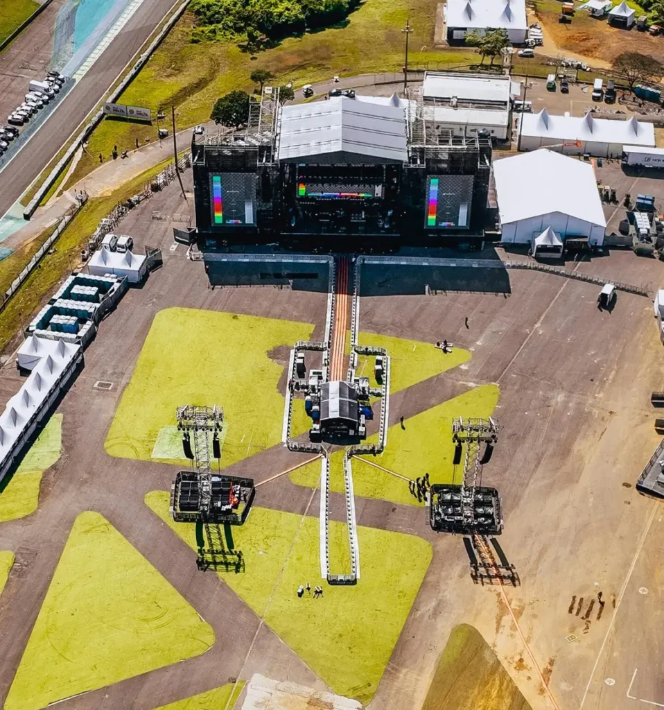 Aerial view of freight logistics setup for large-scale entertainment event